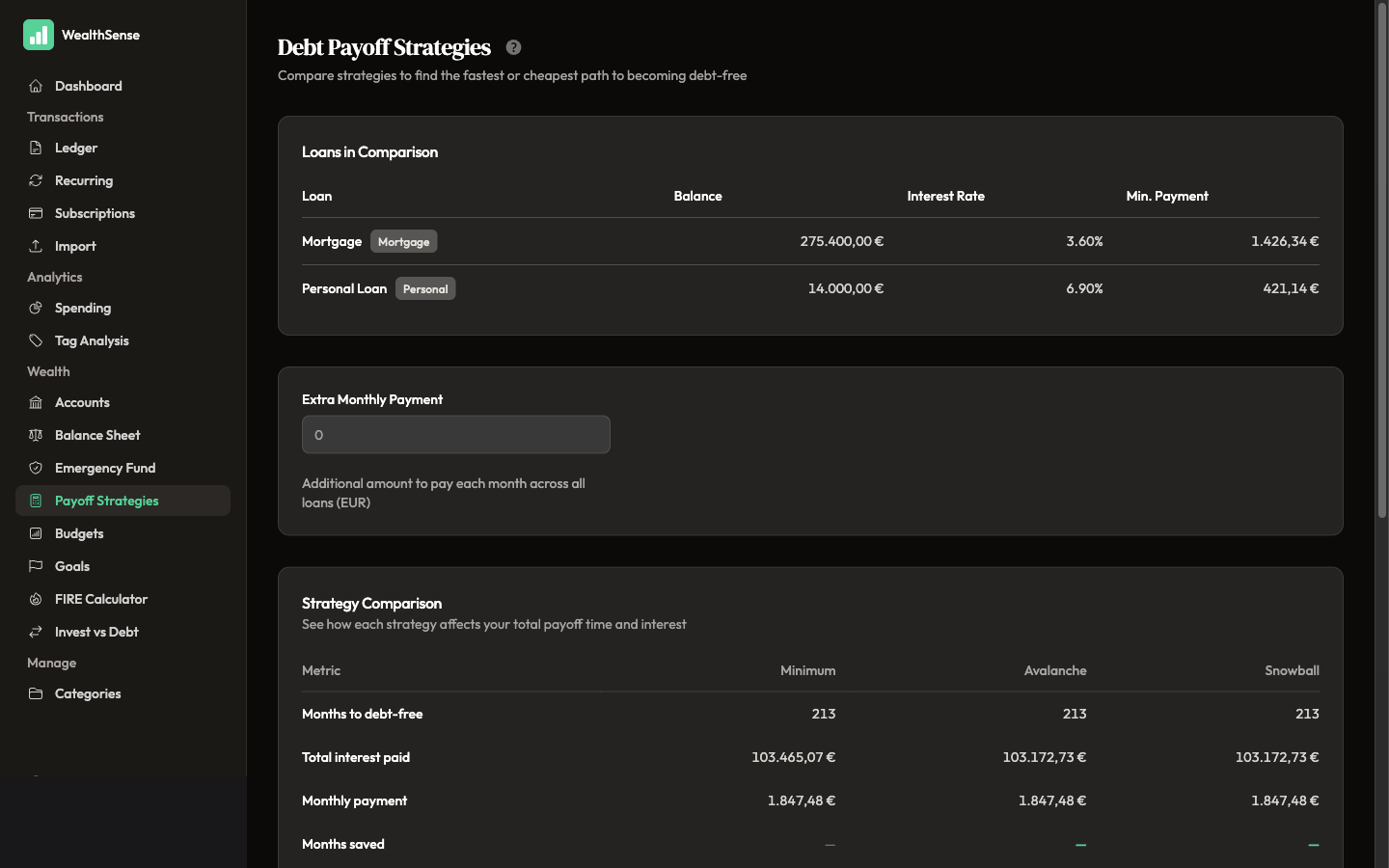 The Debt Payoff Comparison page lists your debts