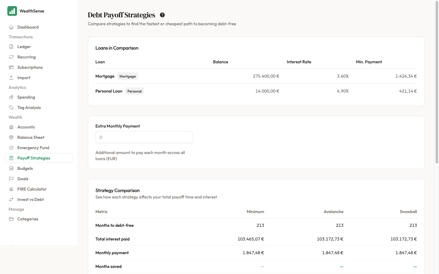 The Debt Payoff Comparison page lists your debts