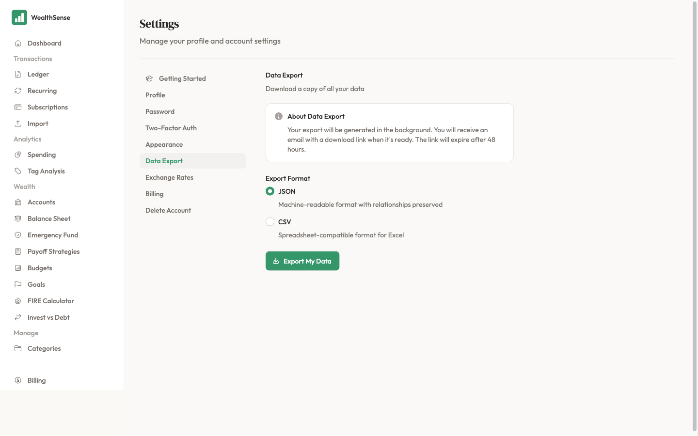 Open the Data Export screen