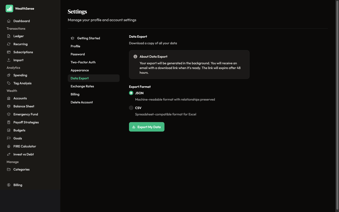 Choose a format and click Export My Data