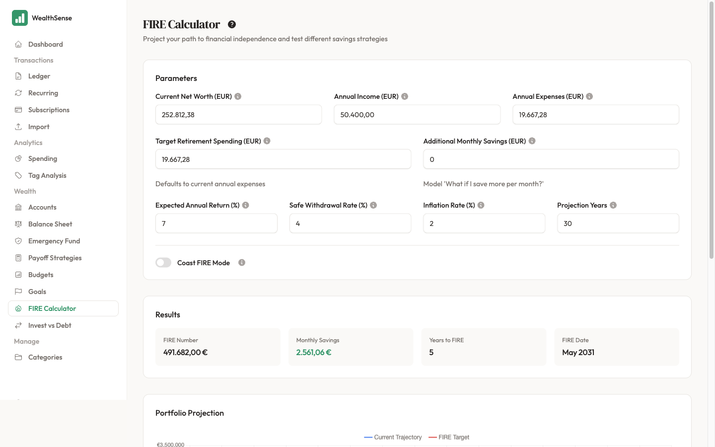 Open the FIRE calculator from the Plan menu