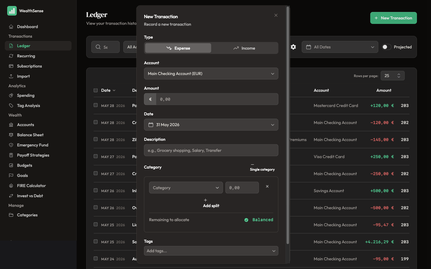 Open the Split modal from the transaction form