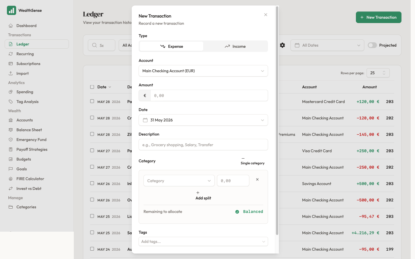 Open the Split modal from the transaction form