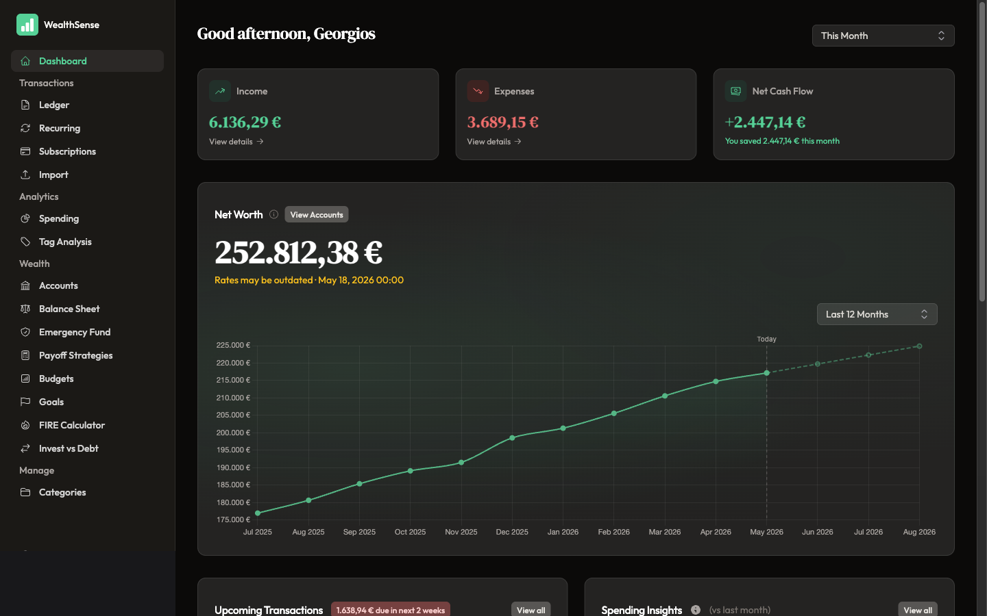 The dashboard cash flow summary