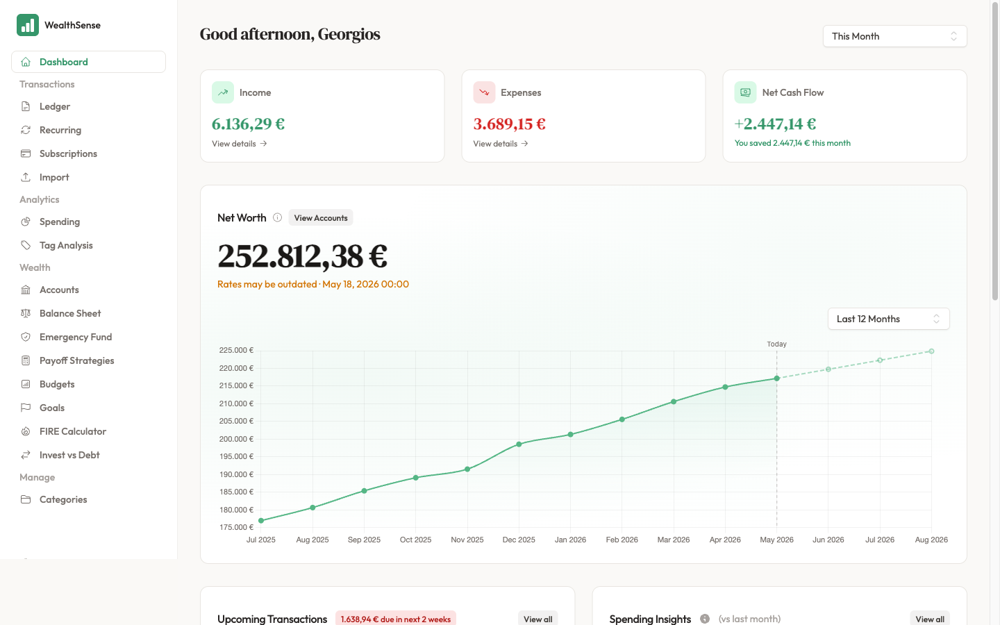 The dashboard cash flow summary