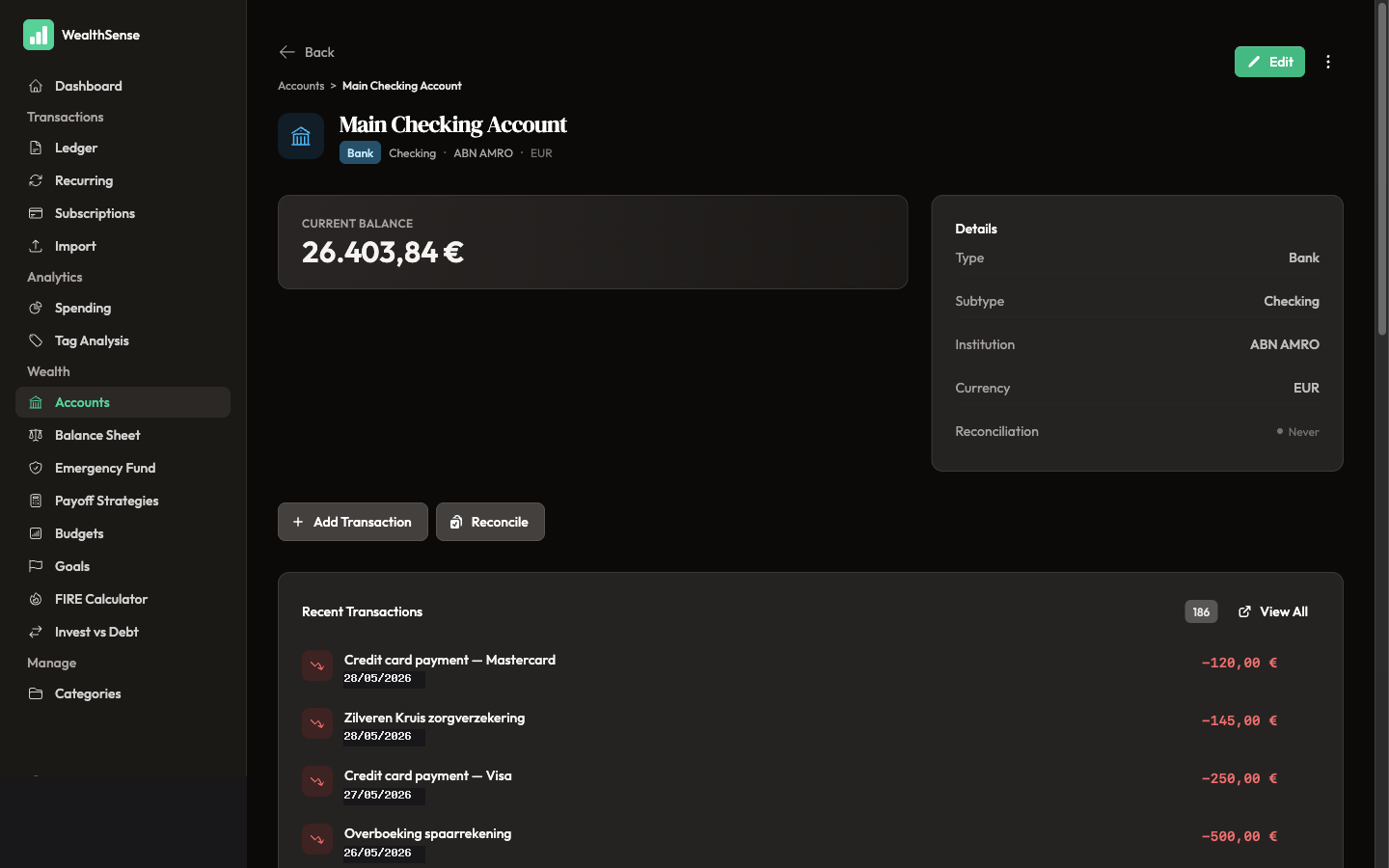 Click Reconcile on the account detail page