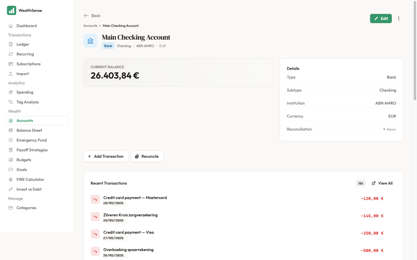 Click Reconcile on the account detail page