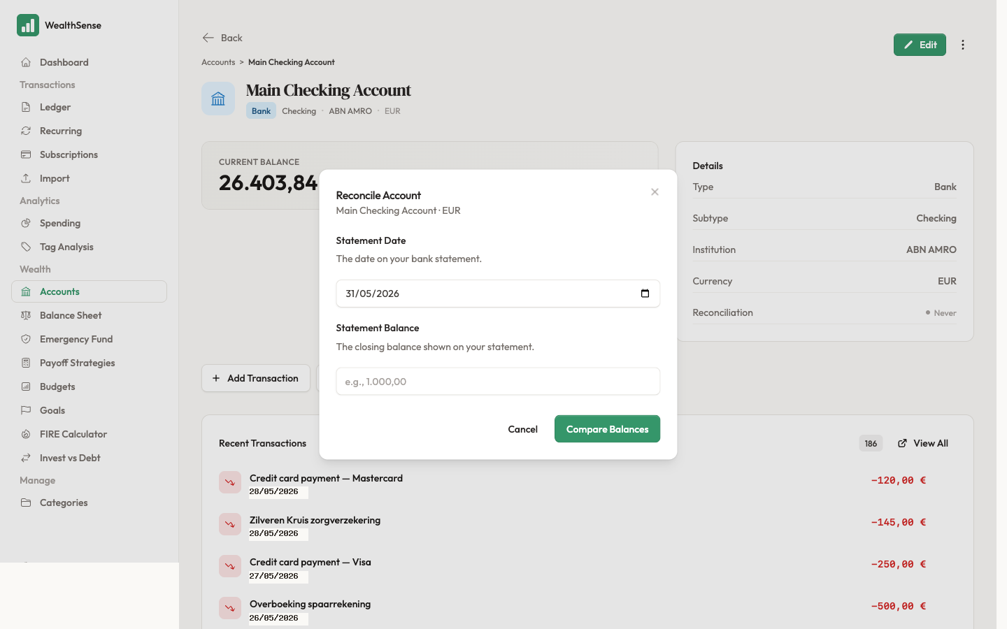 Enter the statement date and balance, then Compare Balances