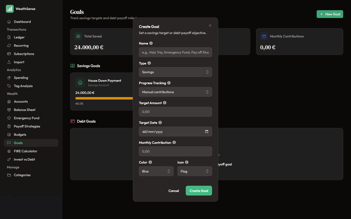 Pick the goal type — Savings or Debt Payoff
