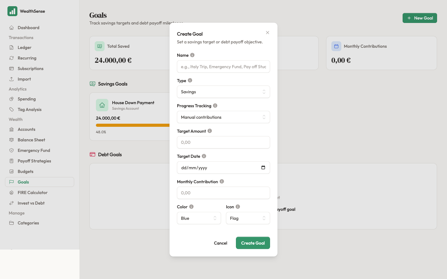 Pick the goal type — Savings or Debt Payoff