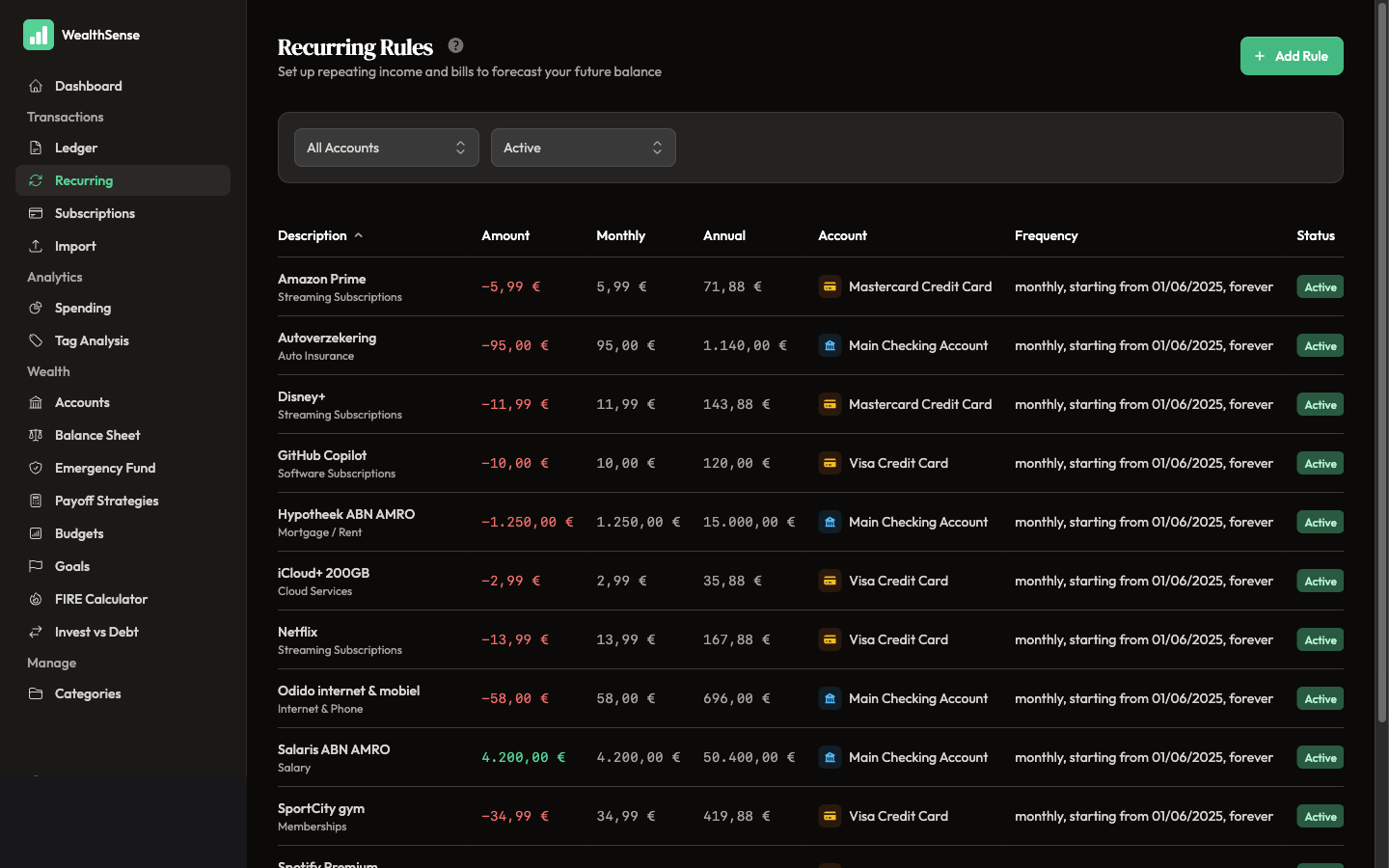 Open the Recurring Rules page from the sidebar